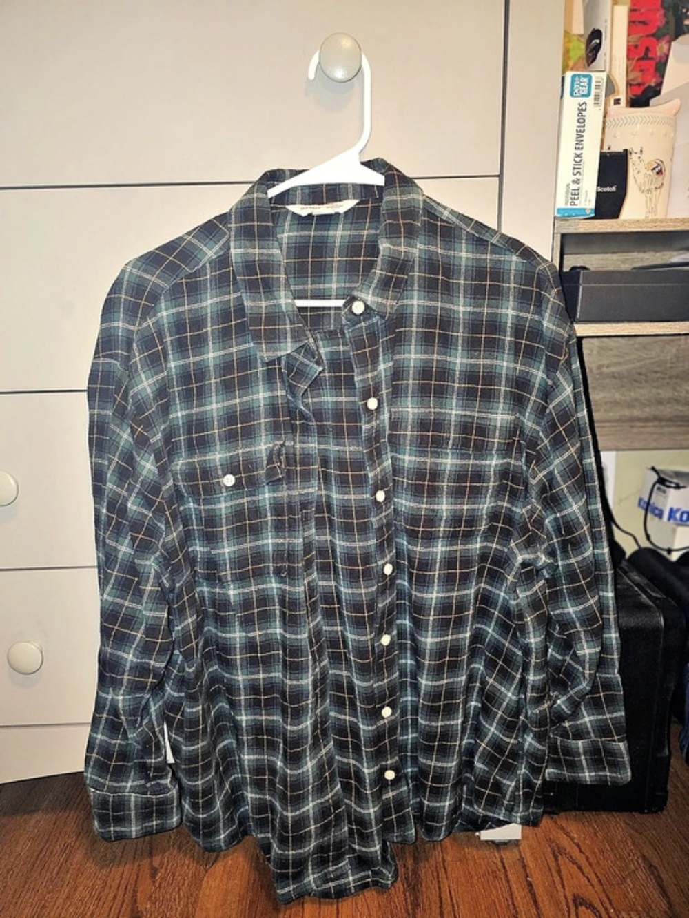 Old Navy The Boyfriend Shirt Plaid Button Down Green & Brown XL